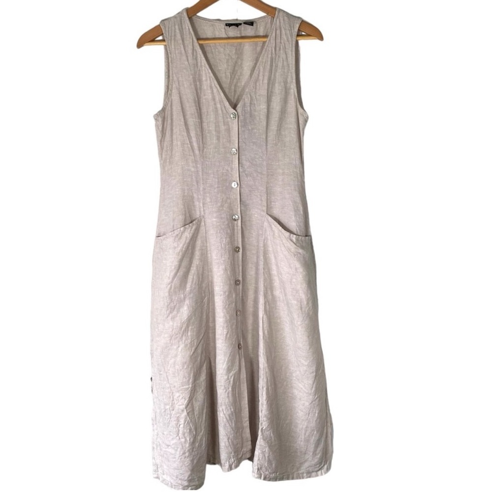 Tahari Linen Sleeveless Midi Dress Button Front Beach Coastal Swim Cover Size 4